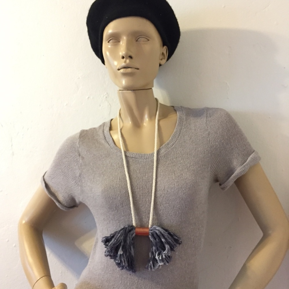 Handmade Fiber Art Necklace, Copper + Denim